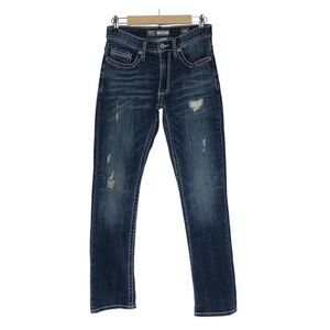 Buckle BKE JAKE Men's Distressed Blue Straight Leg Western Thick Stitch Jeans 28